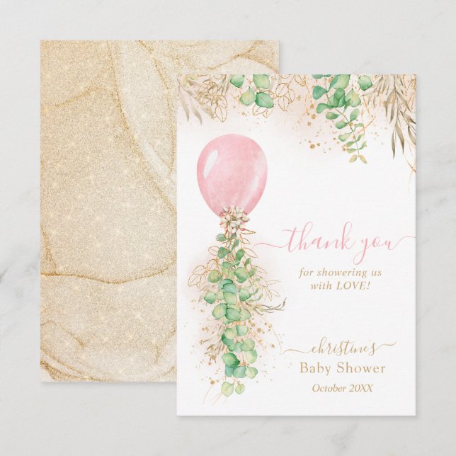 Eucalyptus Rosa Balloon Baby Shower - tack för dit Kort (Fram/baksida)