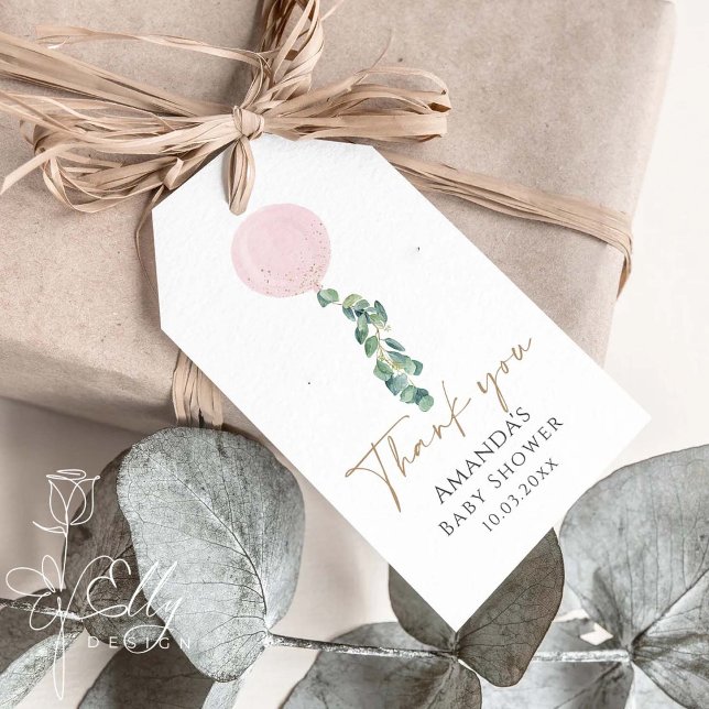 Eucalyptus Rosa Balloon Baby Shower Tack Gift Presentetikett (Skapare uppladdad)