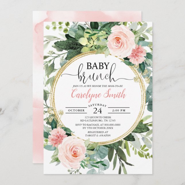 Eucalyptus Rosa Guld Brunch Baby Shower Girl Inbjudningar (Fram/baksida)