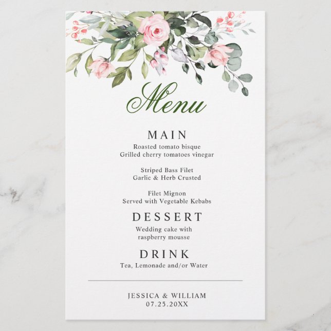 Eucalyptus Rosa  Ro Bröllop Dinner Menu (Framsida)