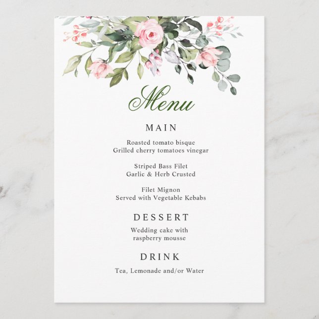 Eucalyptus Rosa  Ro Bröllop Dinner Menu Meny (Framsida)