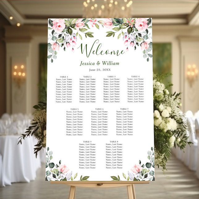 Eucalyptus & Roses 9 Tables Wedding SEATING CHART Poster (Skapare uppladdad)