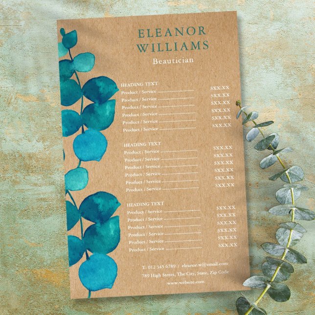 Eucalyptus Rustic Salong Service Meny (Eucalyptus Rustic Salon Service Menu Flyer)