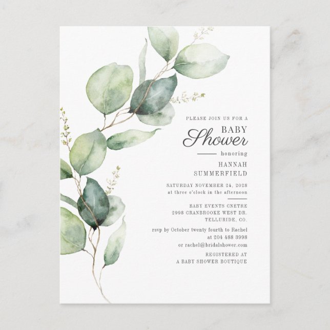 Eucalyptus Rustic Succule Botanical Baby Shower Inbjudan Vykort (Framsida)