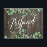 Eucalyptus & Rustic Wood Postponed Bröllop Vykort<br><div class="desc">Framsidan har en grafik som har ett vackert, snurrande skriptteckensnitt med texten "Uppskjuten". Med hjälp av vattenfärgen eukalyptus gräns som täcker bruna träväggsbilder lades allt lagrar till separat och lämnades olåst till ge för att få maximal designkontroll. Använda mallen fält att lägga till dina personuppgifter och ändra något av mitt...</div>