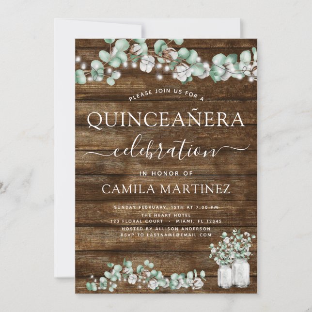 Eucalyptus Rustic Wood Quinceanera Firande Inbjudningar (Framsida)