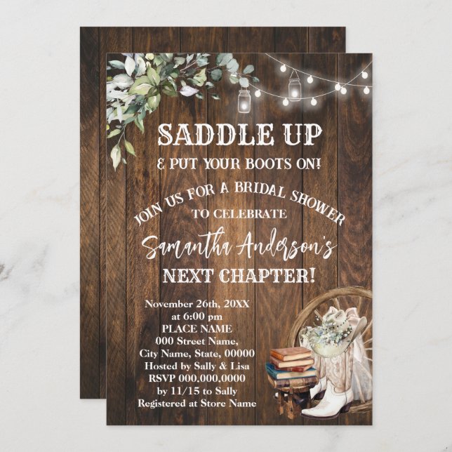Eucalyptus Saddle Up Boots & Books Bridal Shower Inbjudningar (Fram/baksida)