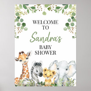 Eucalyptus Safari Animals Baby Shower Välkomstskyl Poster