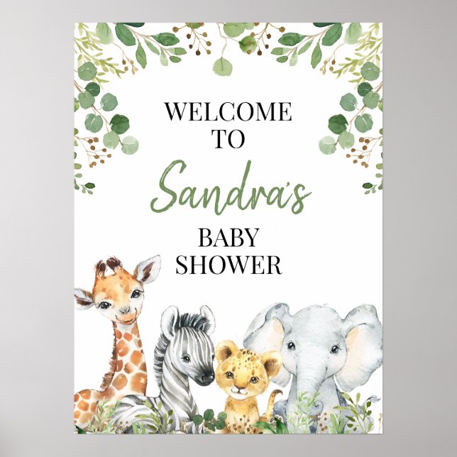 Eucalyptus Safari Animals Baby Shower Välkomstskyl Poster (Framsidan)
