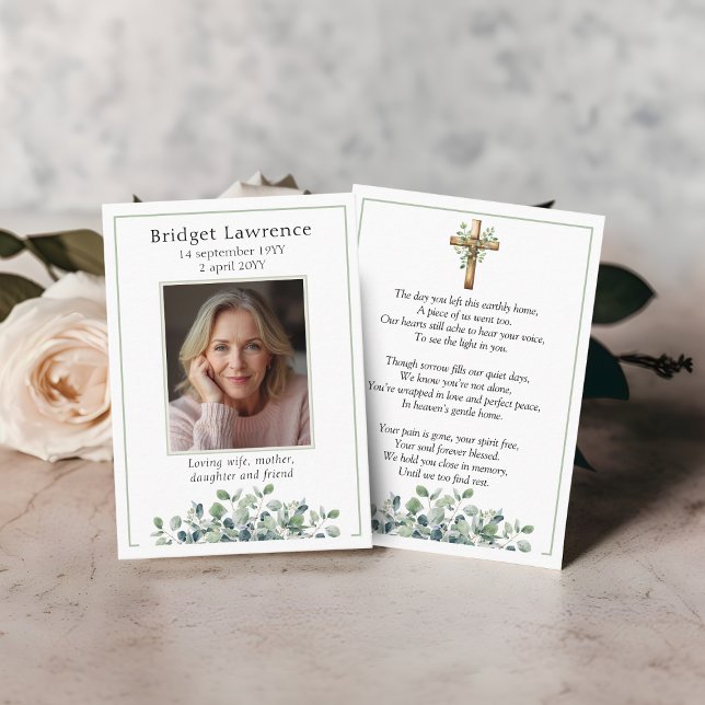 Eucalyptus Sage Green Memorial Photo Prayer Card Visitkort (Skapare uppladdad)