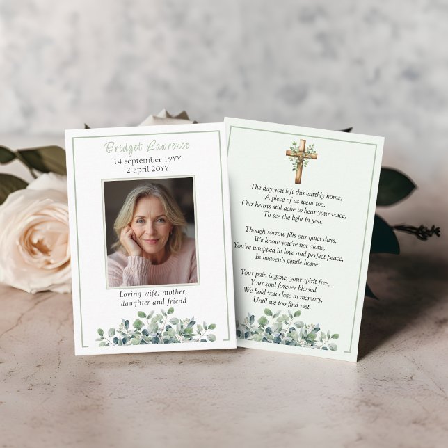 Eucalyptus Sage Green Memorial Photo Prayer Card Visitkort (Skapare uppladdad)