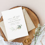 Eucalyptus sage grönt guld bröllop spara datum spara datumet<br><div class="desc">Eteriskt vattenfärgat blad och metallisk guld-effekt bröllop spara datum inbjudan. Med vackra vattenfärgsdetaljer. Den här moderna bröllopsinbjudan kommer säkert att sätta stil för din stora dag.</div>