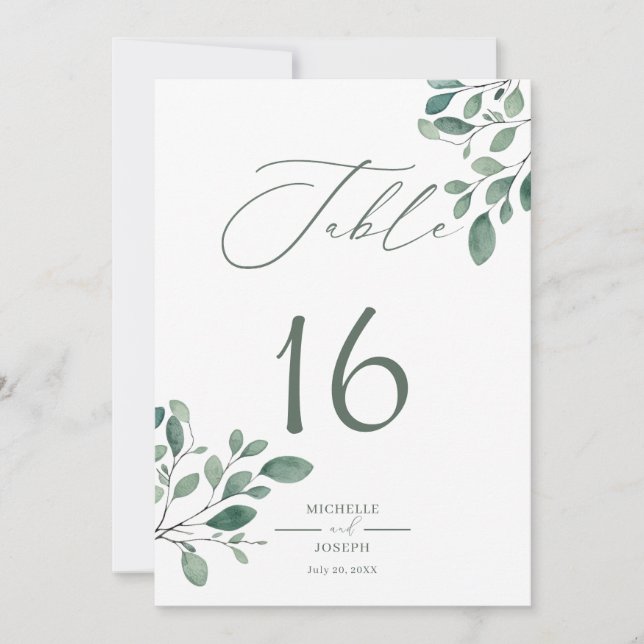 Eucalyptus Sage Grönt Watercolor Bordsnummer Card (Framsida)