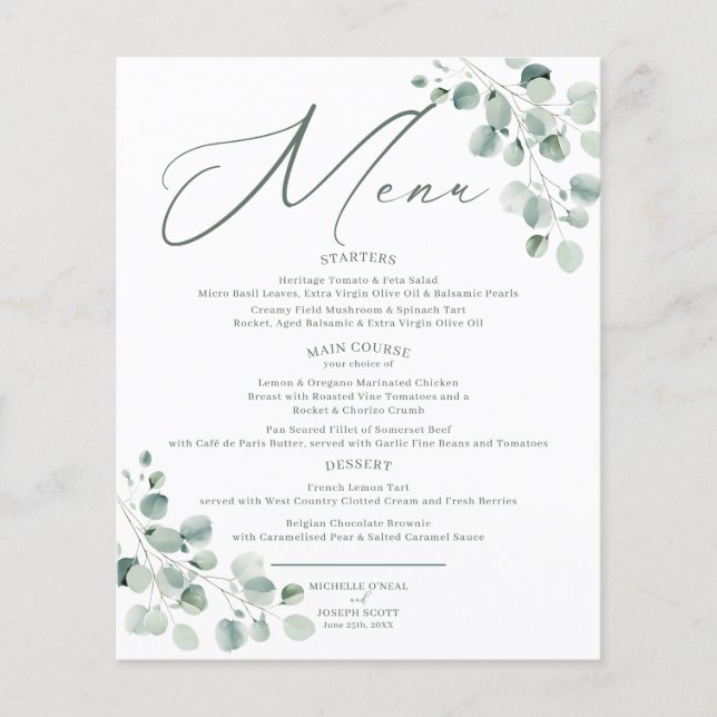 Eucalyptus Sage Grönt Watercolor Bröllop Menu (Framsida)
