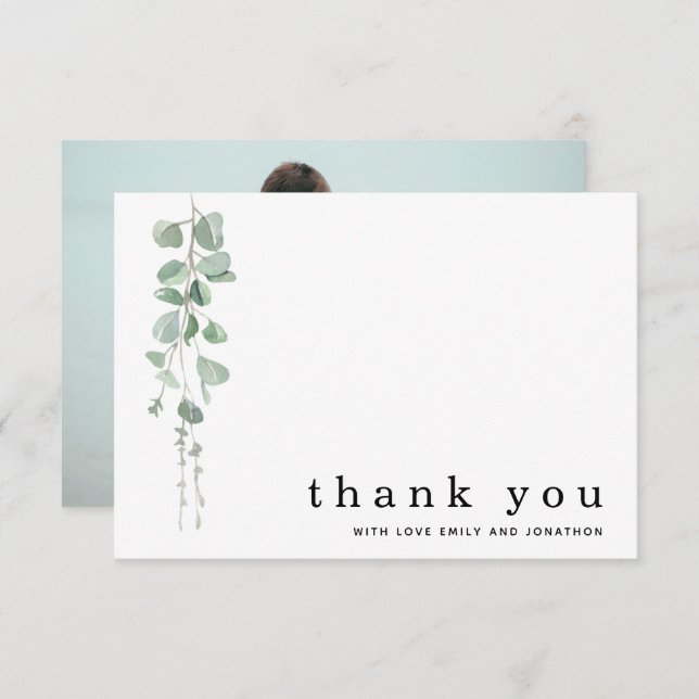 Eucalyptus Sage Photo Namn Bröllop Tack Anteckningskort (Fram/baksida)