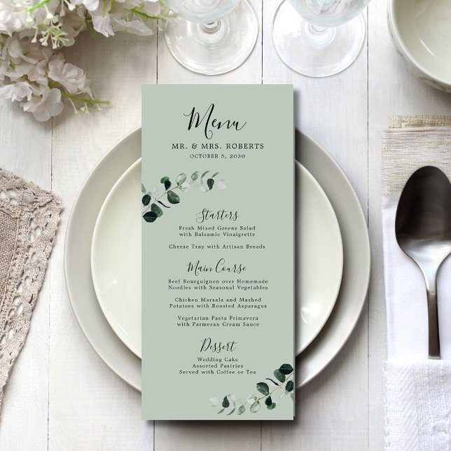 Eucalyptus Sage Romantic Calligraphy Bröllop Meny (Eucalyptus Sage Romantic Calligraphy Wedding Menu)
