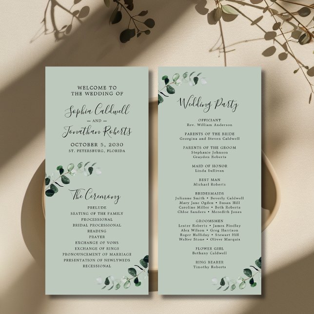 Eucalyptus Sage Romantic Calligraphy Bröllop Program (Eucalyptus Sage Romantic Calligraphy Wedding Program)