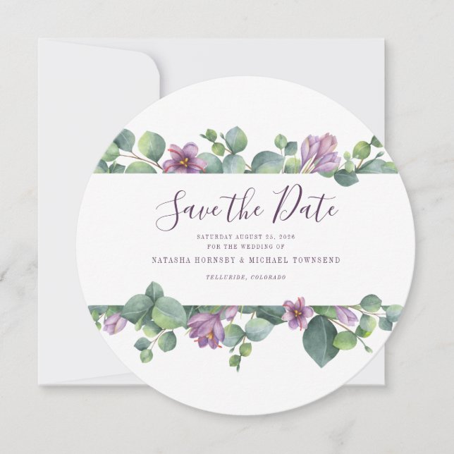 Eucalyptus Script Blommig Vattenfärg Spara Datum (Framsida)