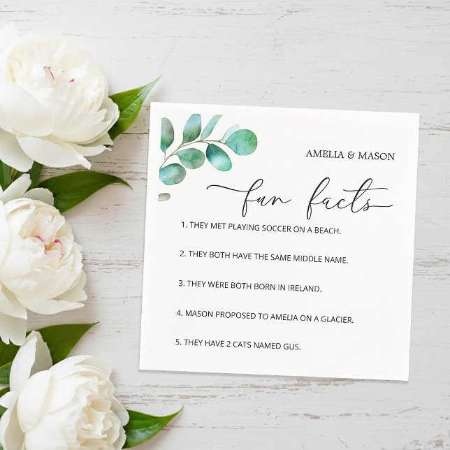 Eucalyptus Script Kalligrafi Roliga Fakta Bröllop Pappersservett (Eucalyptus Script Calligraphy Fun Facts Wedding Napkins)