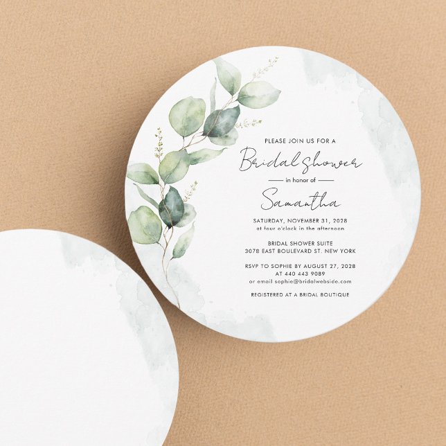 Eucalyptus Script Modern Möhippa Inbjudningar (Eucalyptus Greenery Watercolor Bridal Shower Round Invitation)
