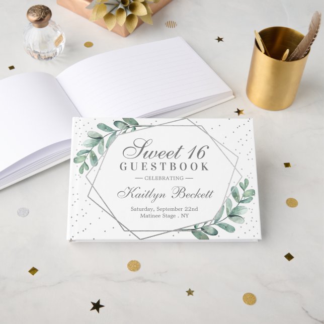 Eucalyptus Silver Geometric Sweet sixteen Gästböcker (Framsida öppen)