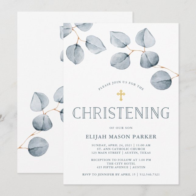 Eucalyptus Simpity | Christening med Kor Inbjudningar (Fram/baksida)