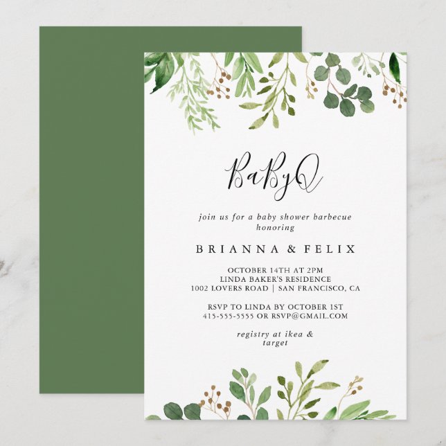 Eucalyptus Simple BabyQ Baby Shower Barbecue Inbjudningar (Fram/baksida)