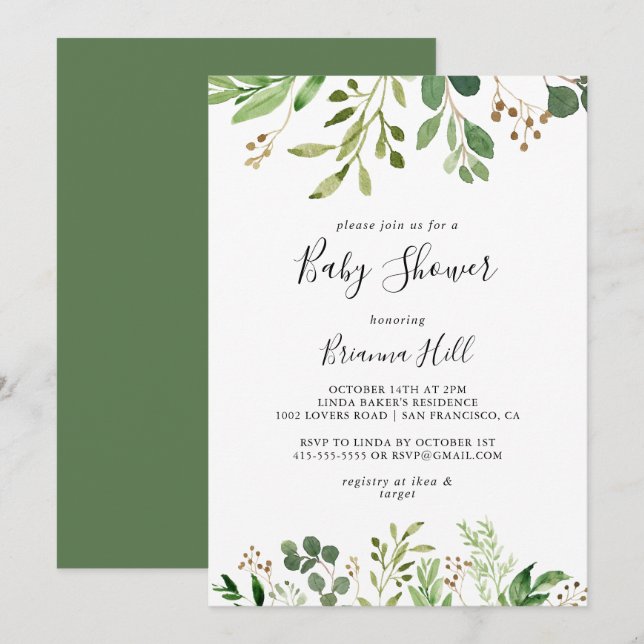 Eucalyptus Simple Brown Blommigt Baby Shower Inbjudningar (Fram/baksida)