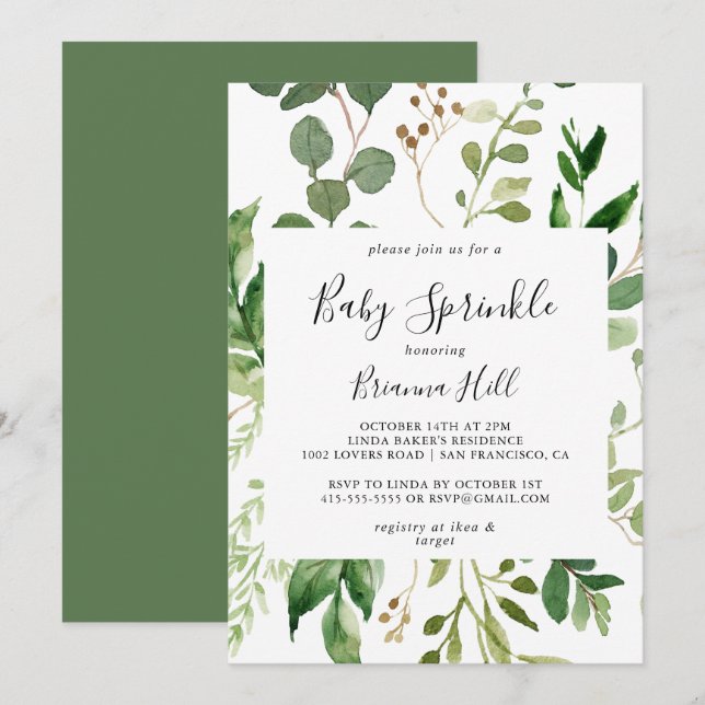 Eucalyptus Simple Brown Blommigt Baby Sprinkle Inbjudningar (Fram/baksida)