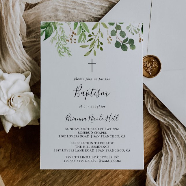 Eucalyptus Simple Brown Blommigt Baptism Inbjudningar (Skapare uppladdad)