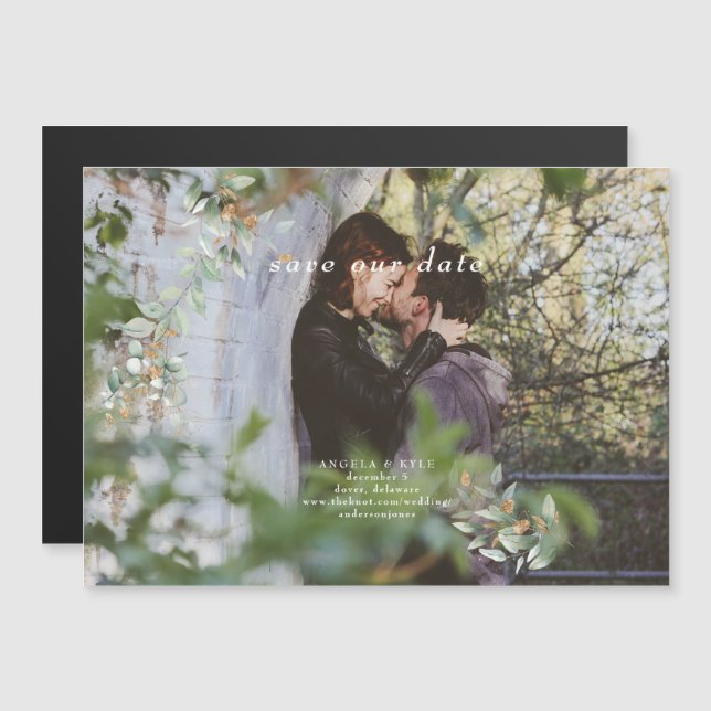 Eucalyptus Simple Photo Save the Date Flexible Magnetisk Inbjudningskort (Fram/baksida)