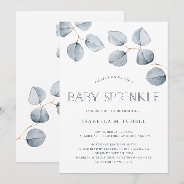 Eucalyptus Simplicit| Baby Sprinkle Inbjudningar (Fram/baksida)