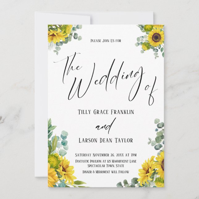 Eucalyptus Solblommor, handskrift Bröllop Inbjudningar (Framsida)