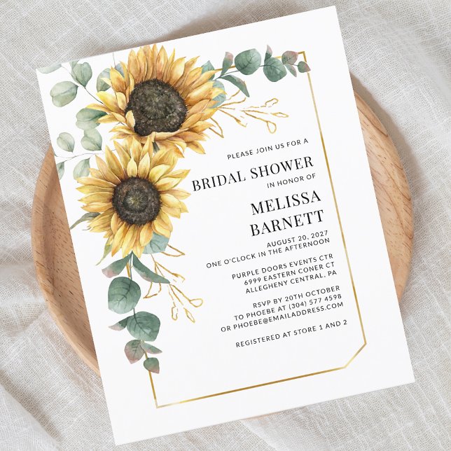 Eucalyptus Solros Inbjudningskort för möhippan (Sunflower Eucalyptus Script Full Name Bridal Shower Invitation)
