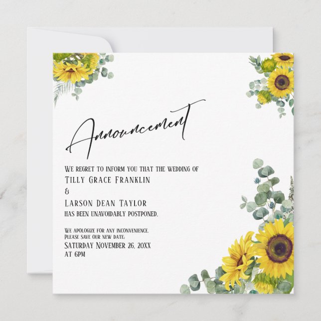 Eucalyptus Solros Uppskjutet datum tillkännagivand Inbjudningar (Framsida)