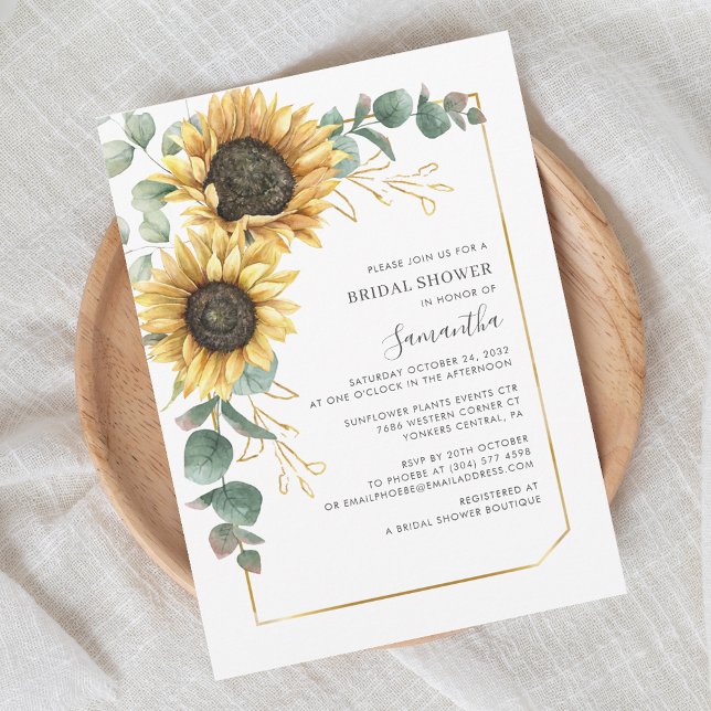 Eucalyptus Solrosskript-Möhippa Inbjudningar (Sunflower Floral Eucalyptus Greenery Bridal Shower Invitation)