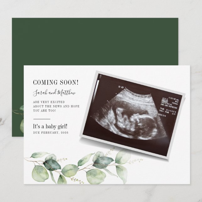 Eucalyptus Sonogram Baby Reveal Gravid Meddelande (Fram/baksida)