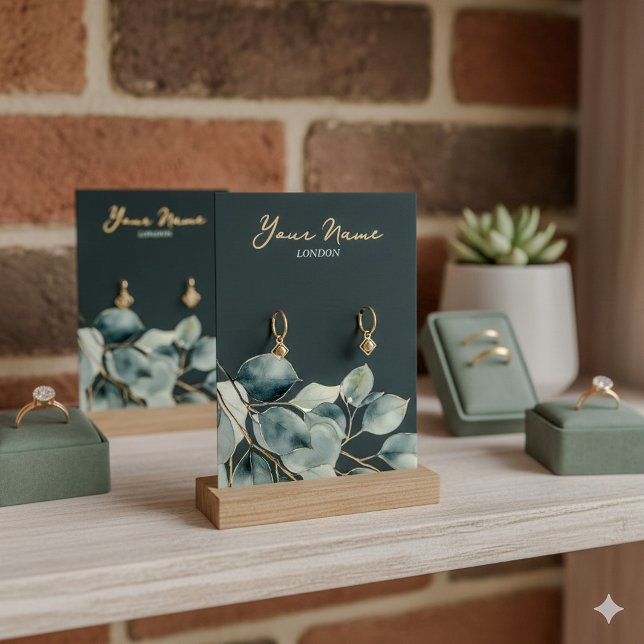 Eucalyptus söt leafy earring visning card visitkort (Elegant earring display card with gold script, watercolor eucalyptus. Modern jewelry presentation.)