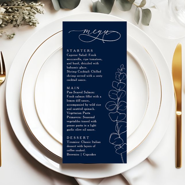 Eucalyptus Spring Navy Blue Wedding Dinner Meny (Skapare uppladdad)