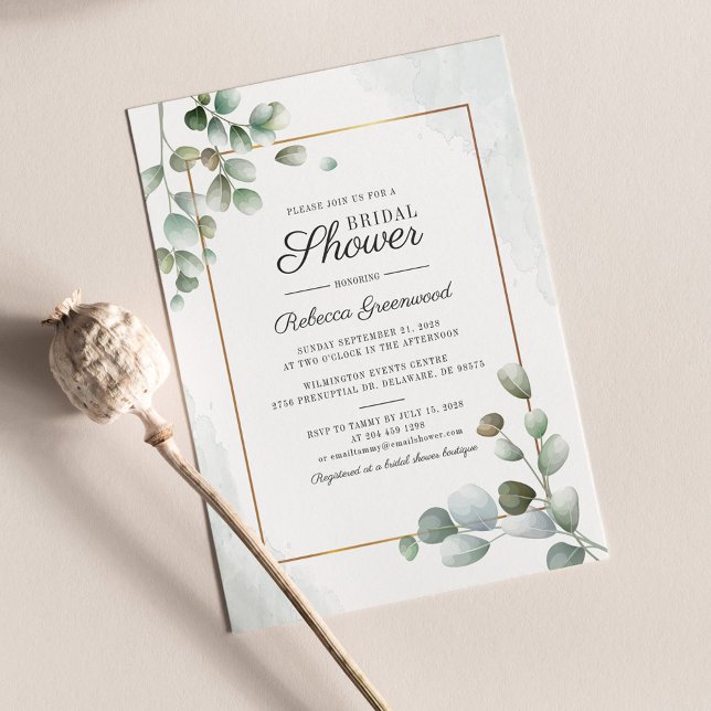 Eucalyptus Succulent Geometric Möhippa Inbjudan Vykort (Eucalyptus Greenery Script Typography Bridal Shower Invitation Postcard)