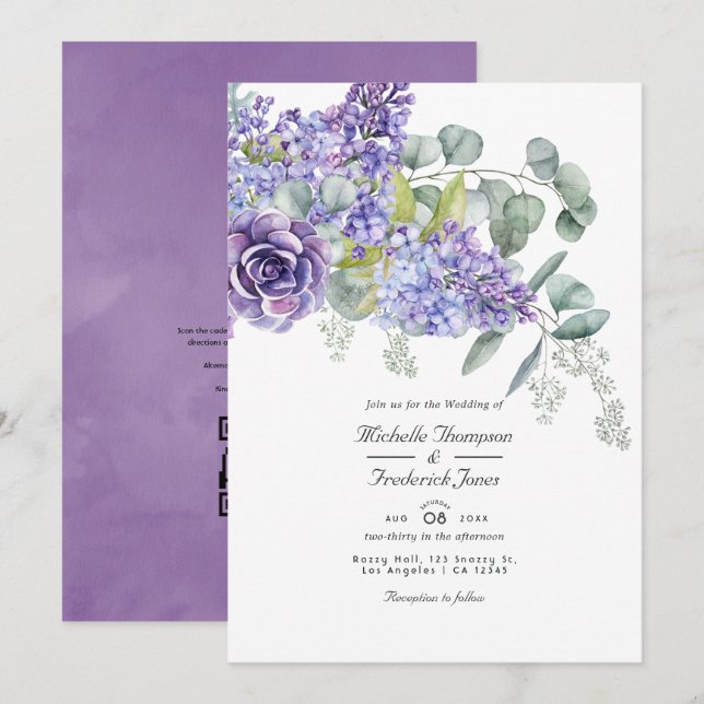 Eucalyptus Sukkulenter QR-kod RSVP Bröllopsinbjuda Inbjudningar (Fram/baksida)