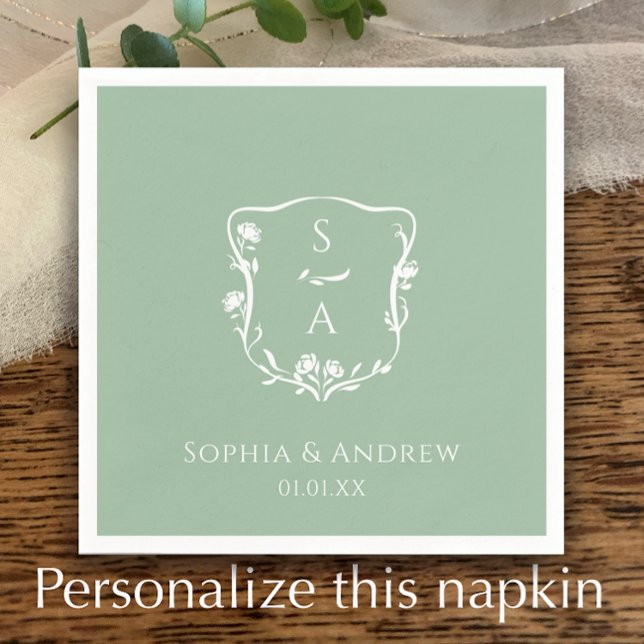 Eucalyptus Trendig Monogram Blommigt Vapensköld Br Pappersservett (Add your initials for a unique couple’s monogram on a hand drawn floral crest on eucalyptus green.)