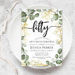 Eucalyptus Utandning 50: e Födelsedagsfesten Inbjudningar<br><div class="desc">50 Födelsedagsfest inbjudan. Elegantens botaniska blommigt i grönt vit och faux glitter guld. Klassens moderna utformning med handmålat vattenfärgsmörjande eucalyptus-krans och skript-typsnitt. Perfekt för en snyggt 50 dagar firande. Anpassa med dina egna detaljer. Kan anpassas för vilken ålder som helst! Skrivna Zazzle-inbjudningar eller digital utskrivbar mall för omedelbar nedladdning.</div>