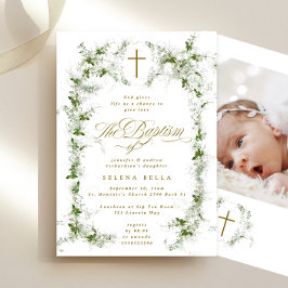 Eucalyptus Utandning Guld Kor Baptism Foto Inbjudningar