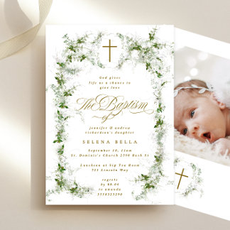 Eucalyptus Utandning Guld Kor Baptism Foto Inbjudningar