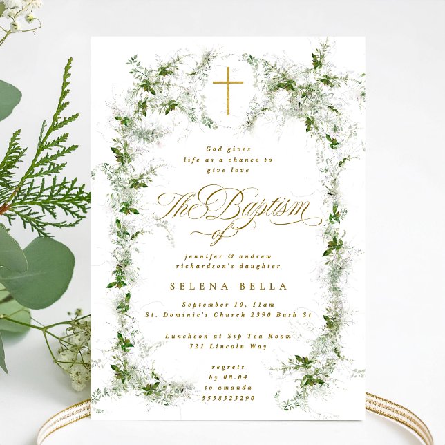 Eucalyptus Utandning Guld Kor Baptism Inbjudningar (Skapare uppladdad)