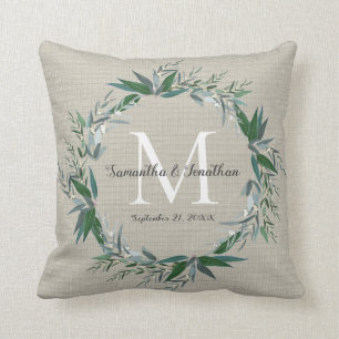 Eucalyptus Utandning Monogram Chic Bröllop Kudde