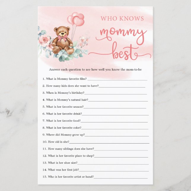 Eucalyptus Utandning Nalle Baby Shower-spel (Framsida)