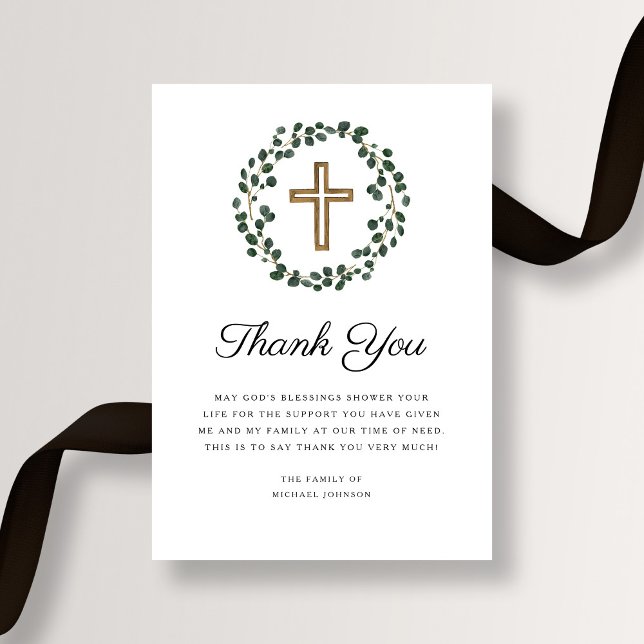 Eucalyptus Utandning Religiösa Kor Funeral Tack Kort (Eucalyptus Wreath Religious Cross Funeral Thank You Card)
