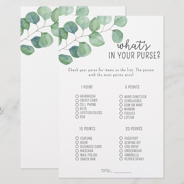 Eucalyptus - Vad är det i ditt purse-spel? (Fram/baksida)